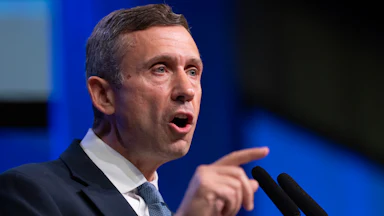 Ken Martin, chairman of the Democratic National Committee, speaks during Day 1 of the Minnesota Democratic-Farmer-Labor (DFL) Party Convention in the Mayo Civic Center in Rochester, Minn. on Friday, May 29, 2026.