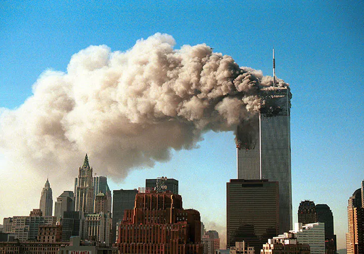 Smoke from the Twin Towers over the Manhattan skyline following the terrorist attacks of September 11, 2001