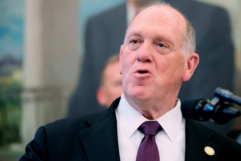 Tom Homan speaks while standing in the Oval Office