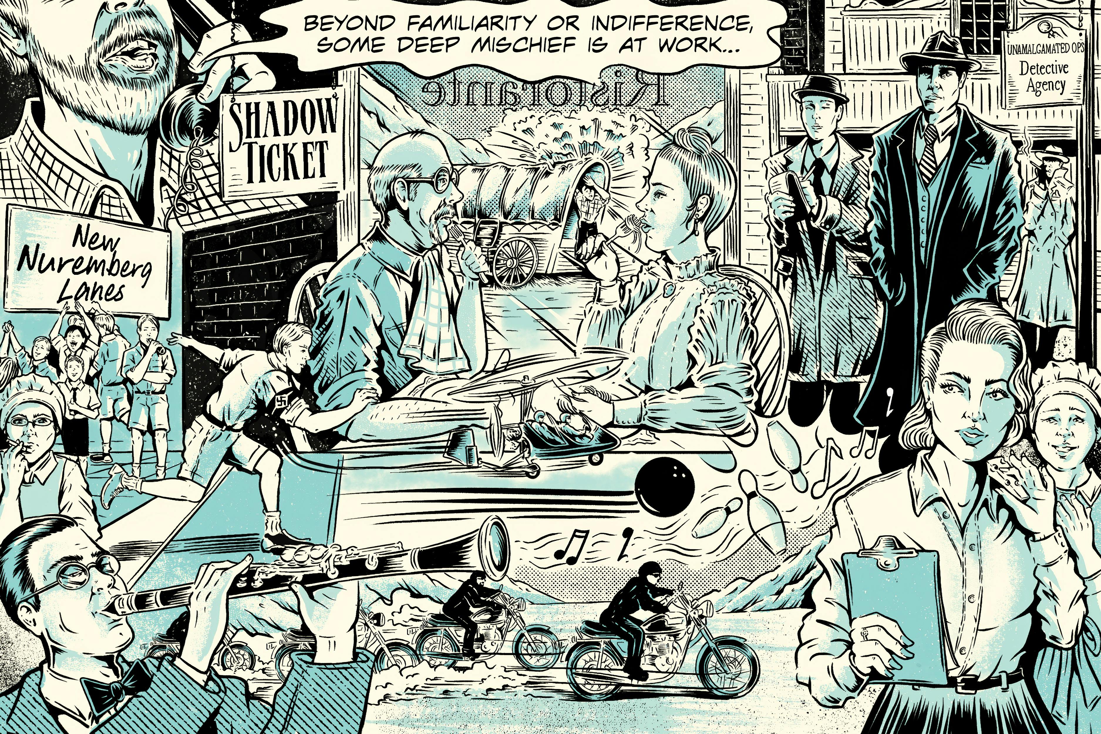 An illustration that imagines some of the scenes from Thomas Pynchon's new novel, Shadow Ticket