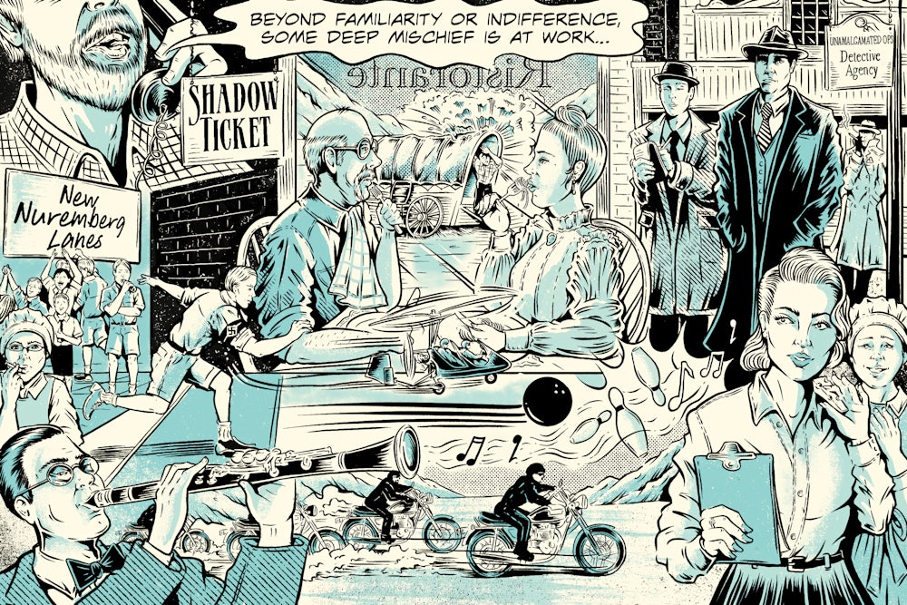 An illustration that imagines some of the scenes from Thomas Pynchon's new novel, Shadow Ticket