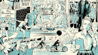 An illustration that imagines some of the scenes from Thomas Pynchon's new novel, Shadow Ticket