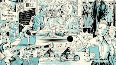 An illustration that imagines some of the scenes from Thomas Pynchon's new novel, Shadow Ticket