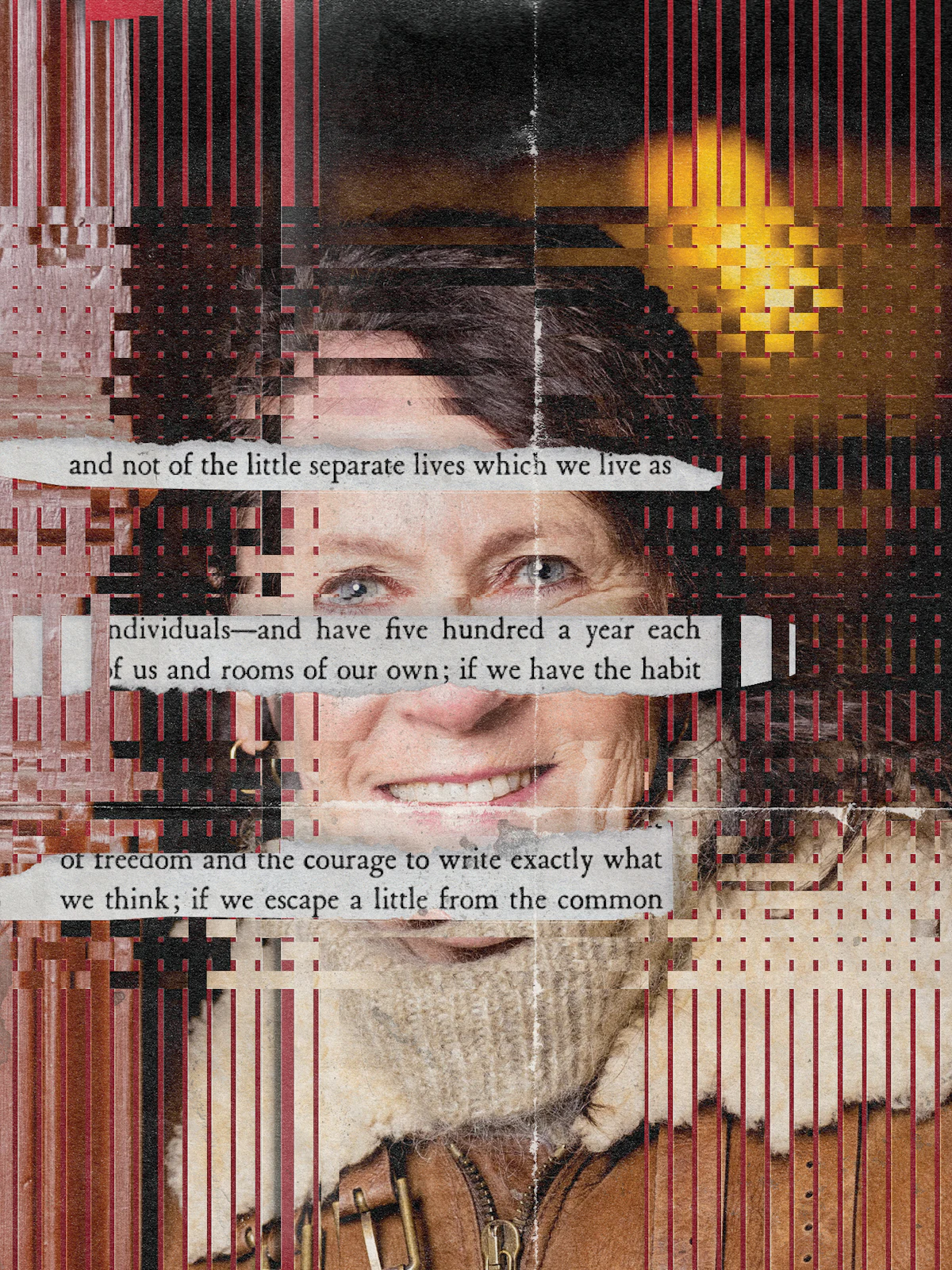 Photo illustration of Vigdis Hjorth in a collage layered with excerpts from A Room of One’s Own by Virginia Woolf
