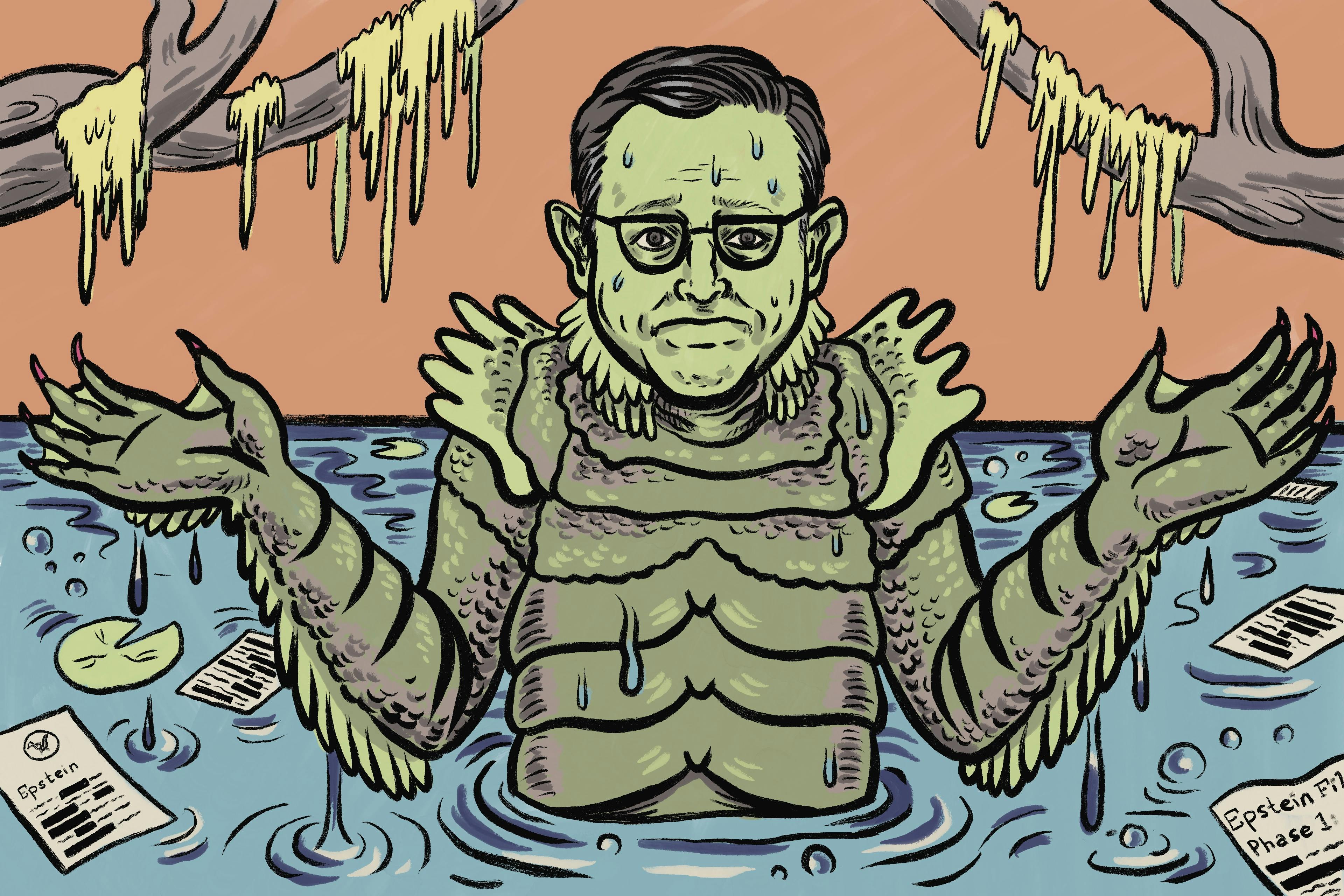 Illustration of Mike Johnson depicted as a swamp monster