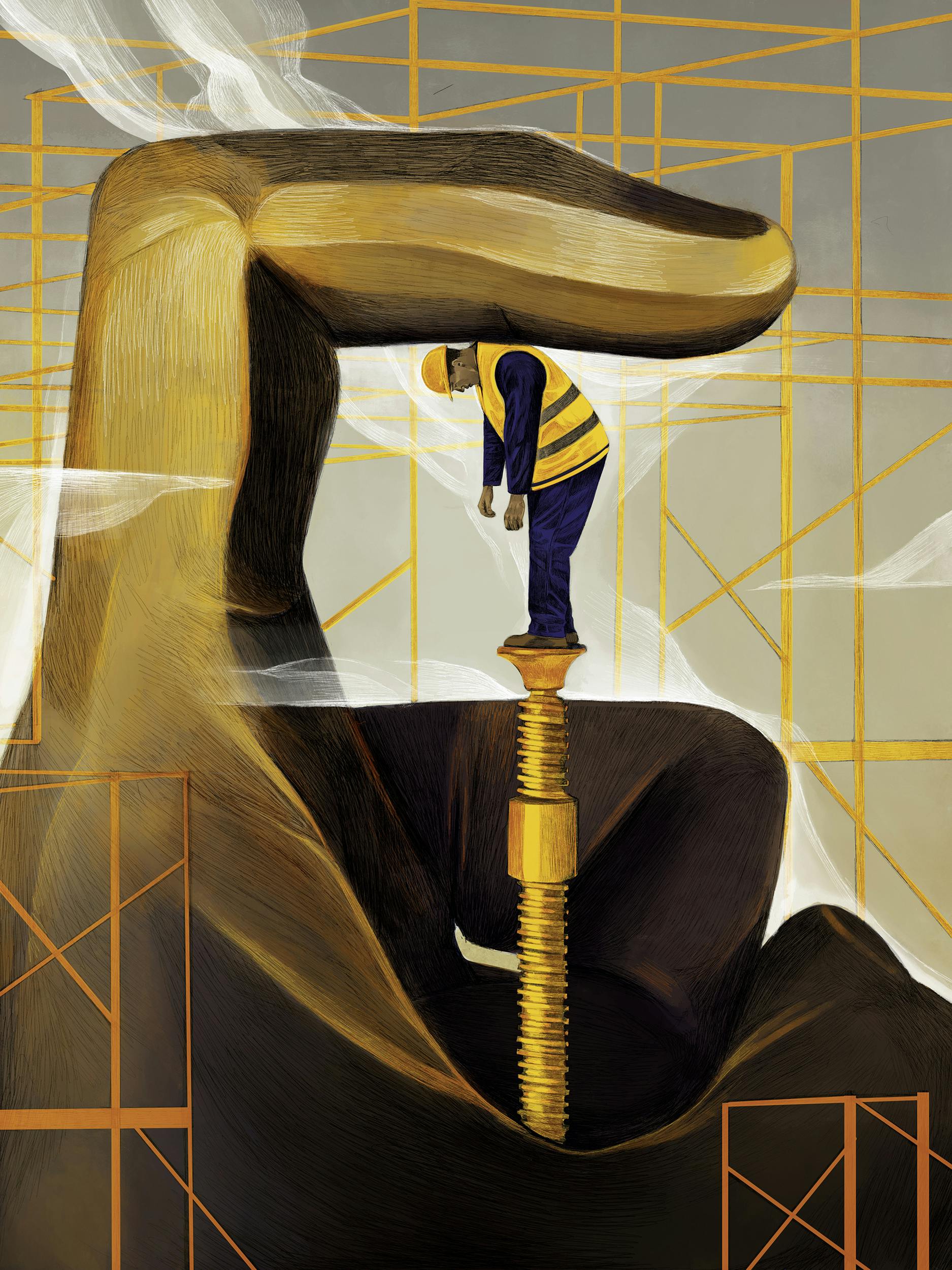 An illustration of a worker being squeezed