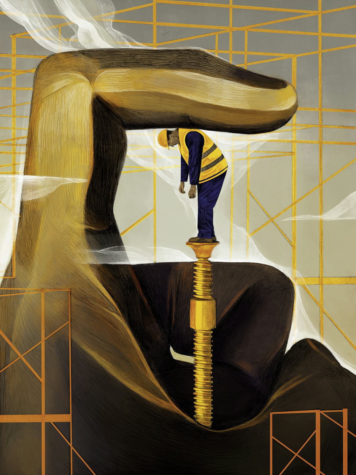 An illustration of a worker being squeezed