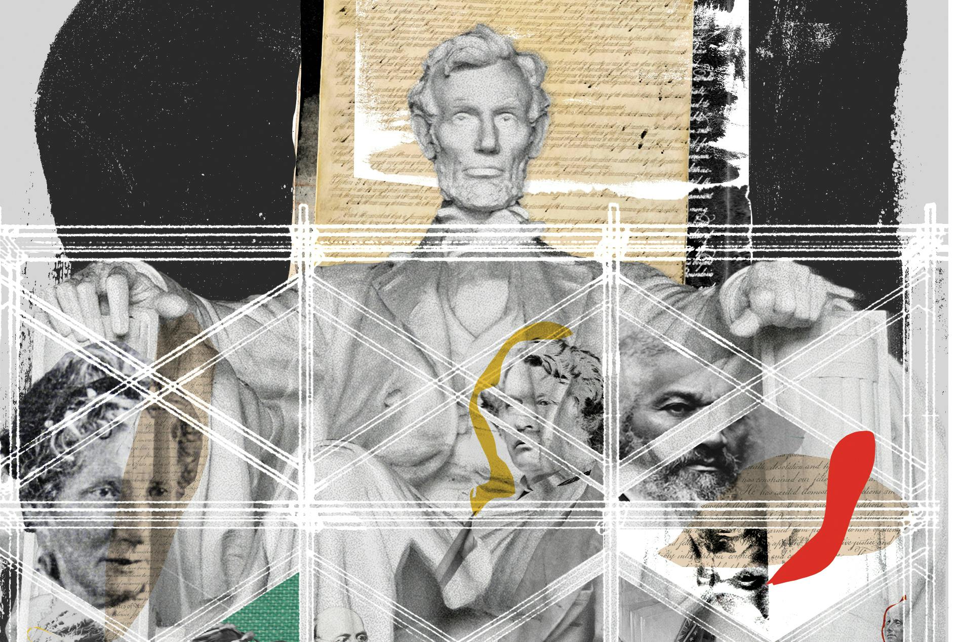 Seated with Abraham Lincoln—indicating their importance to shaping the Constitution—are senator/abolitionist Charles Sumner, Frederick Douglass, George Washington, Elizabeth Cady Stanton, Ponca Chief Standing Bear, Harriet Beecher Stowe, and abolitionist William Lloyd Garrison