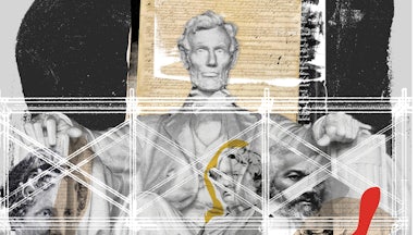 Seated with Abraham Lincoln—indicating their importance to shaping the Constitution—are senator/abolitionist Charles Sumner, Frederick Douglass, George Washington, Elizabeth Cady Stanton, Ponca Chief Standing Bear, Harriet Beecher Stowe, and abolitionist William Lloyd Garrison