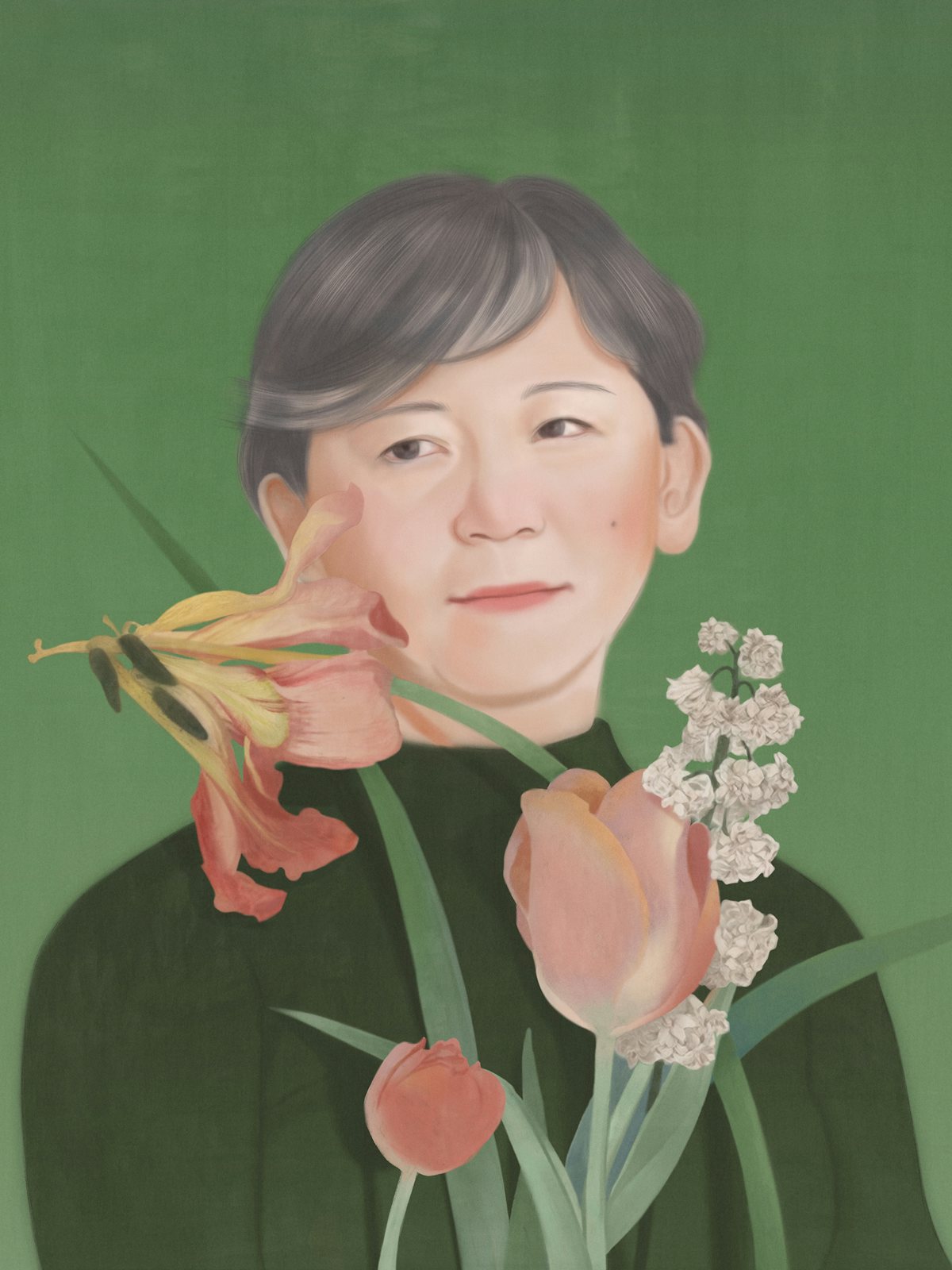 A painted portrait of author Yiyun Lee looking serene before a background of green and a foreground of various flowers
