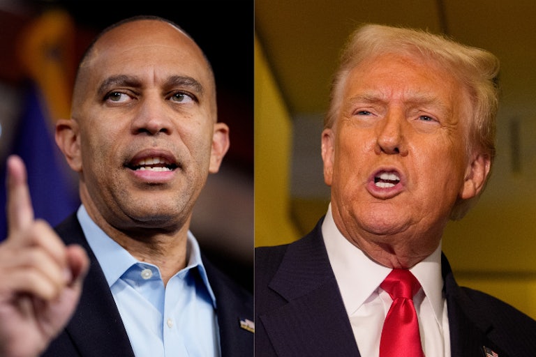 Hakeem Jeffries and Donald Trump splitscreen