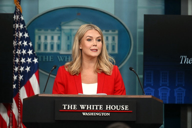 White House Press Secretary Karoline Leavitt speaks while standing at the podium during a press briefing