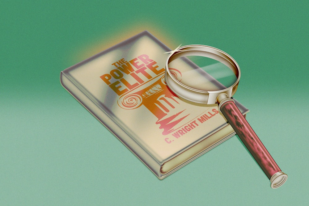 Illustrated cover of "The Power Elite" with a magnifying glass