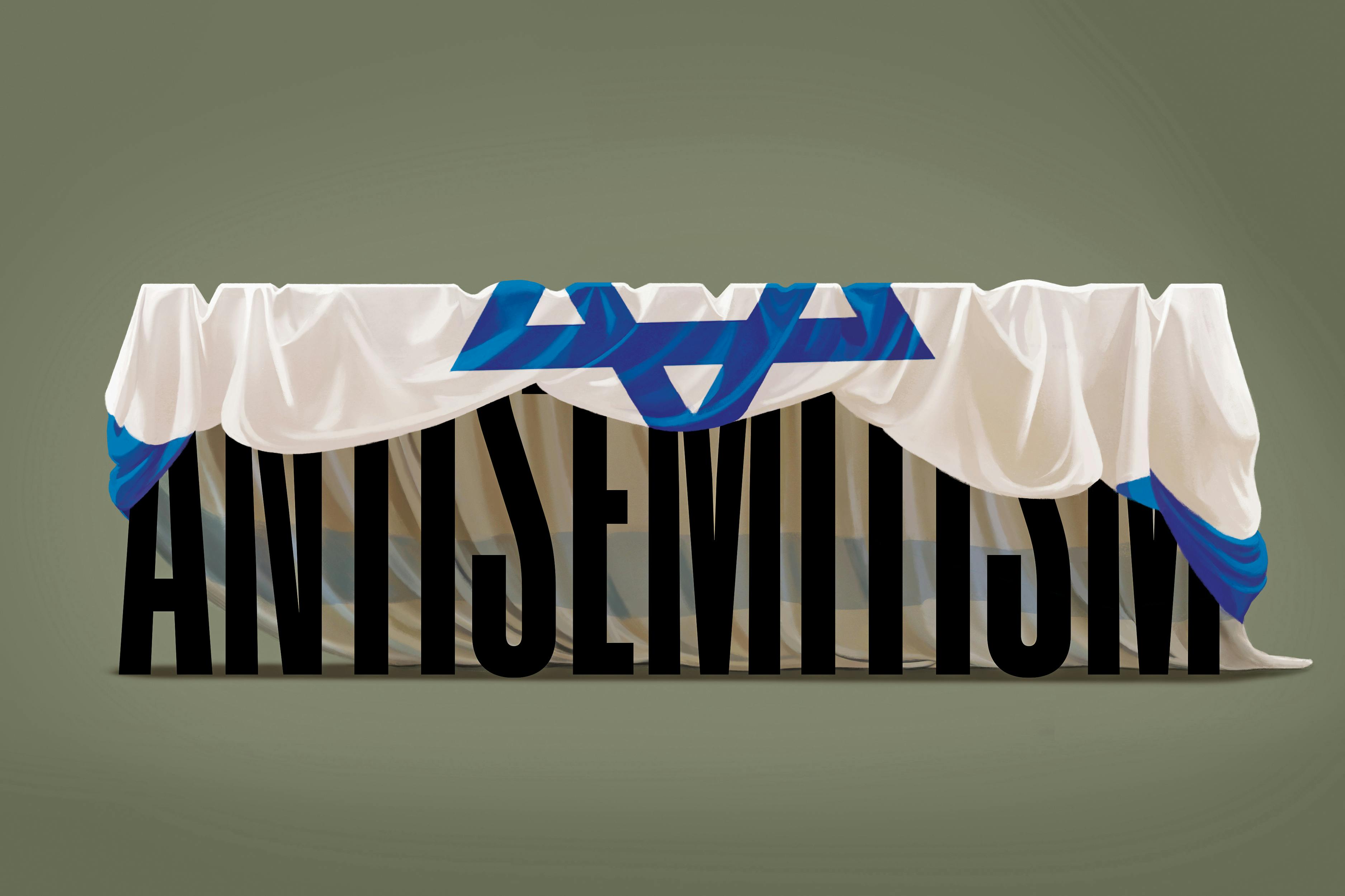 The word ANTISEMITISM draped with an Israeli flag 