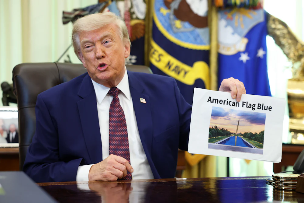 Donald Trump displays a rendering of his proposed renovations to the Lincoln Memorial Reflecting Pool.
