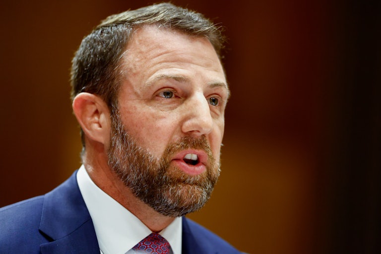 Senator Markwayne Mullin speaks during his Senate committee confirmation as the next secretary of the Department of Homeland Security.