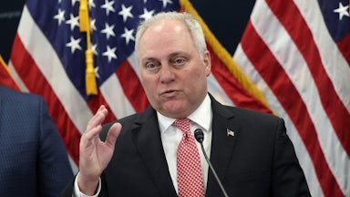 Steve Scalise speaks in front of an American flag.