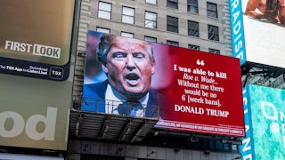 The Democratic National Committee's billboard in Times Square highlighting Donald Trump and other GOP hopefuls' support for a national abortion ban.