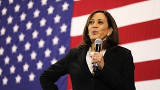 Kamala Harris smiles while campaigning for president in 2019. 