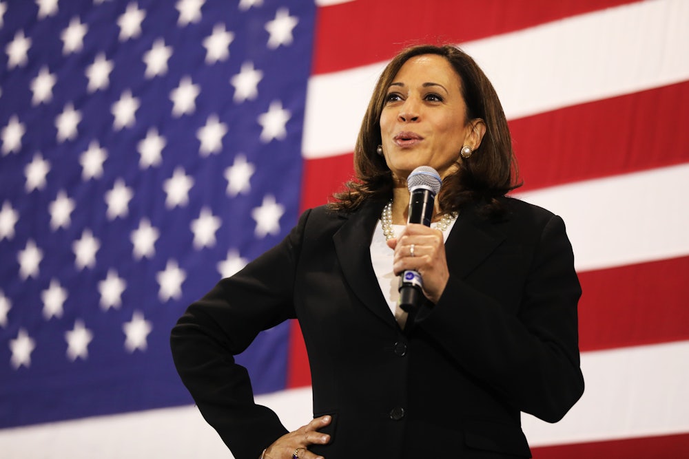 Kamala Harris smiles while campaigning for president in 2019.