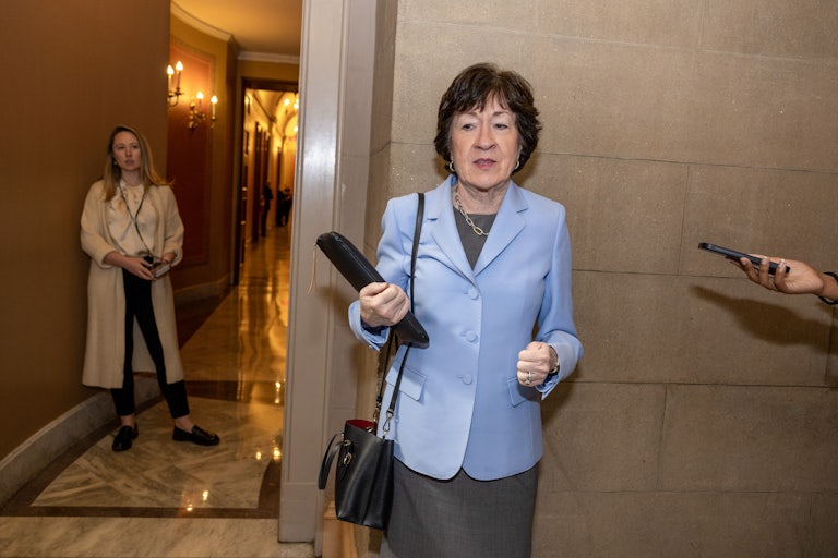 Senator Susan Collins speaks to journalists (not pictured) in the Capitol.