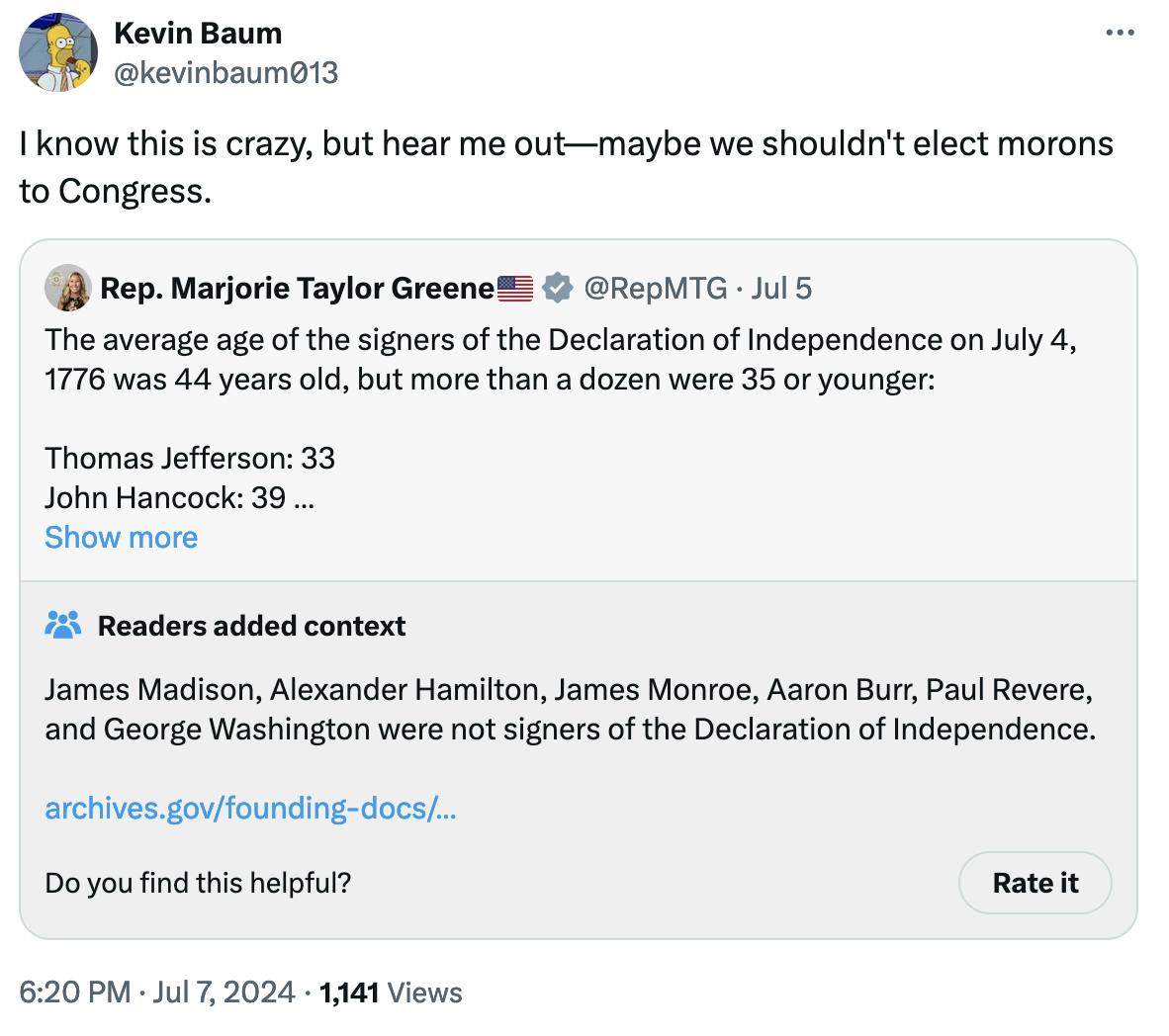 Tweet screenshot Kevin Baum @kevinbaum013: I know this is crazy, but hear me out—maybe we shouldn't elect morons to Congress.