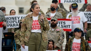 Brittany Ramos DeBarros speaks outside the Supreme Court