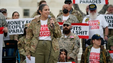 Brittany Ramos DeBarros speaks outside the Supreme Court