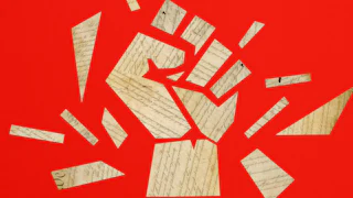 Illustration of pieces of the handwritten U.S. Constitution arranged into the shape of a raised fist on a red background