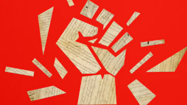 Illustration of pieces of the handwritten U.S. Constitution arranged into the shape of a raised fist on a red background