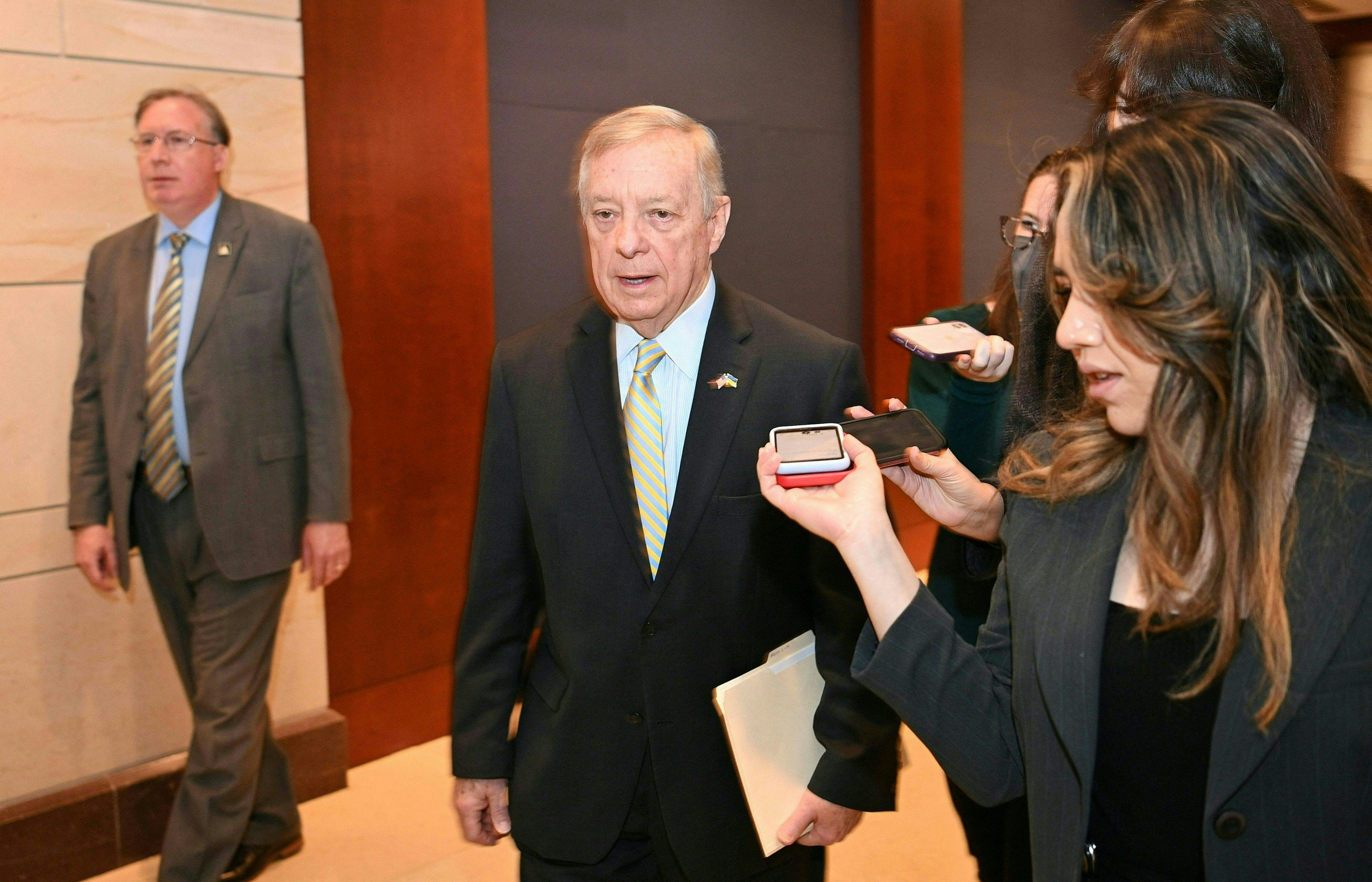 House majority whip Dick Durbin speaks with reporters after attending Ukraine President Volodymyr Zelensky's video joint address to Congress.