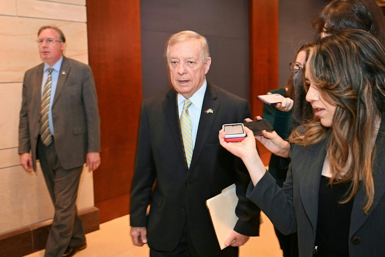 House majority whip Dick Durbin speaks with reporters after attending Ukraine President Volodymyr Zelensky's video joint address to Congress.