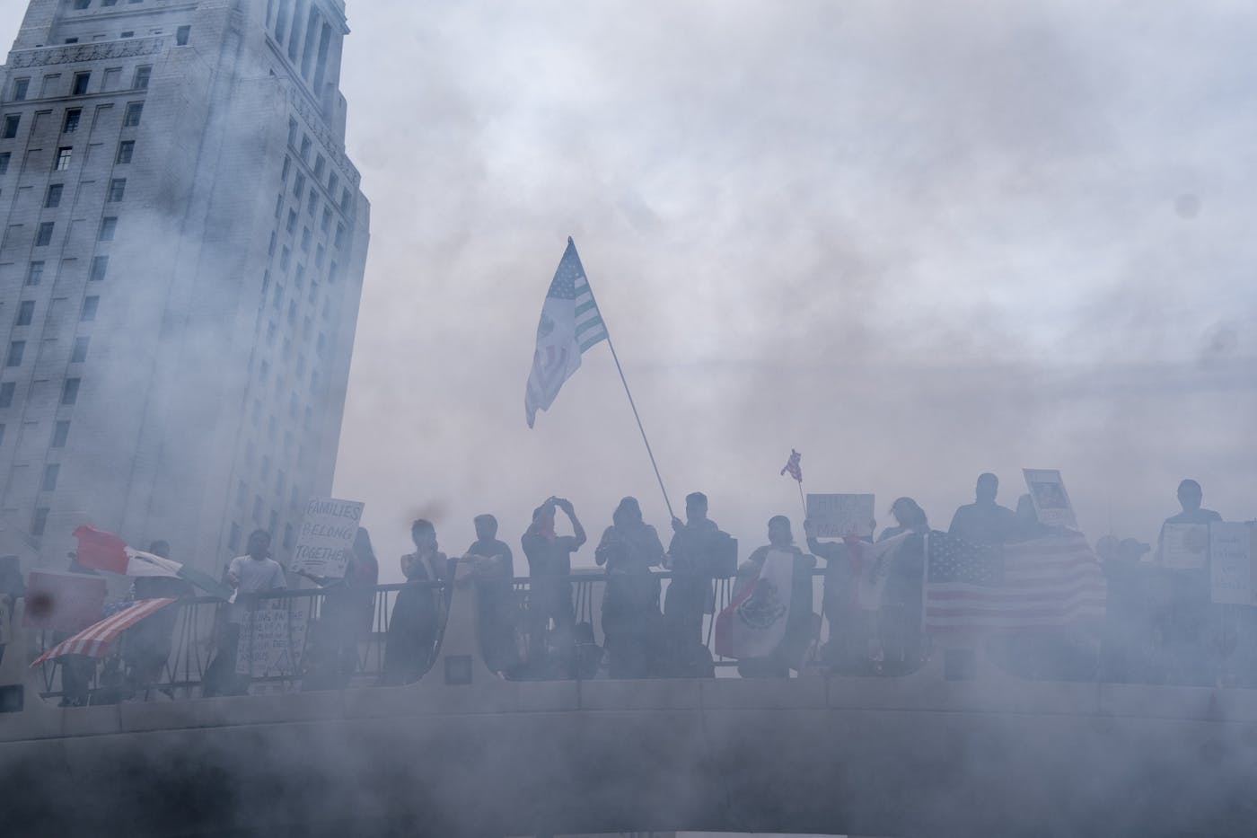 Protestors against President Donald Trump after the “No Kings protest clash with LAPD and Sheriff Department near City Hall in downtown Los Angeles, June 14, 2025.