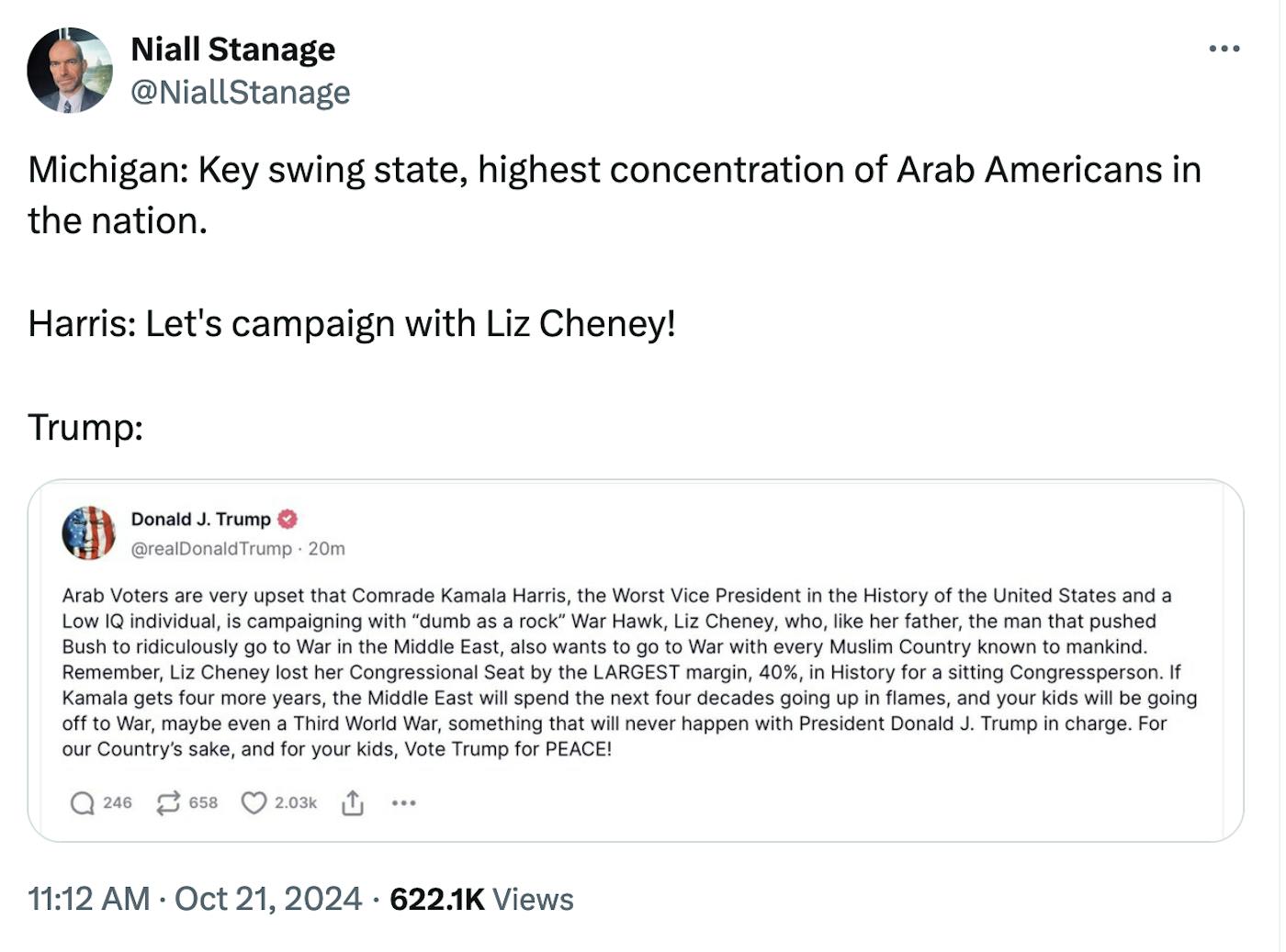 Twitter screenshot Niall Stanage @NiallStanage: Michigan: Key swing state, highest concentration of Arab Americans in the nation. Harris: Let's campaign with Liz Cheney! Trump: (screenshot of Truth Social post)