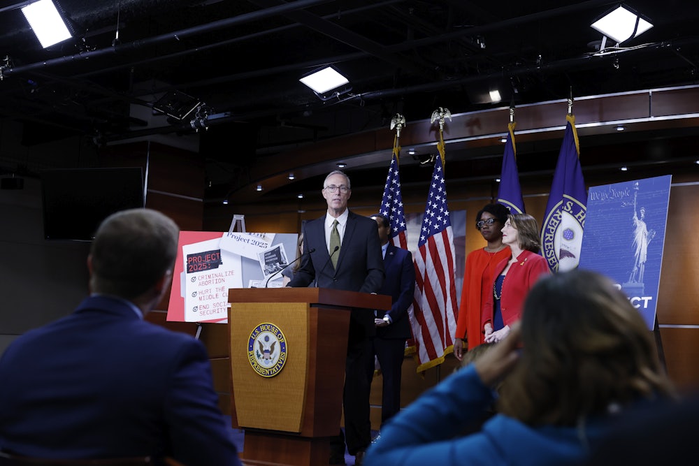 Rep. Jared Huffman (D-CA) speaks during a news conference on "Project 2025" at the U.S. Capitol Building on September 19, 2024 in Washington, DC.