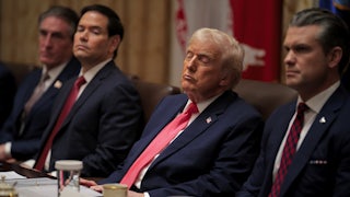 Donald Trump asleep in a Cabinet meeting, as Secretary of the Interior Doug Burgon, Secretary of State Marco Rubio, and Secretary of State Pete Hegseth listen to someone not on camera.