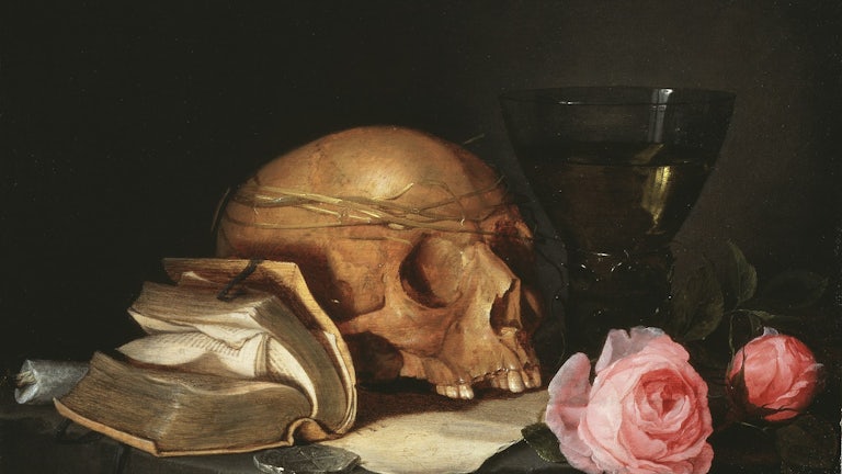 'A Vanitas Still Life with a Skull, a Book and Roses,' c.1630 (oil on wood), by Jan Davidsz de Heem