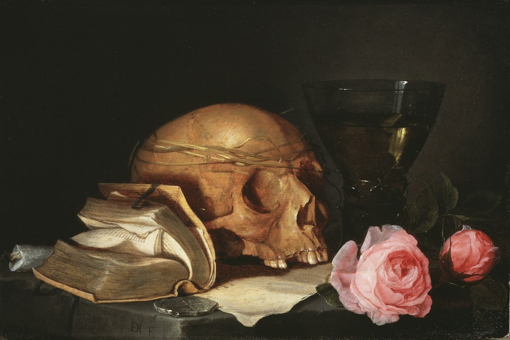 'A Vanitas Still Life with a Skull, a Book and Roses,' c.1630 (oil on wood), by Jan Davidsz de Heem