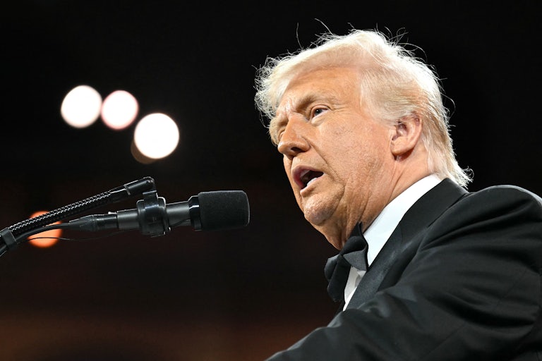 Donald Trump speaks into a microphone