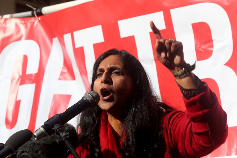 Seattle City Council member Kshama Sawant speaks at a rally held outside the U.S. District Courthouse in Seattle.