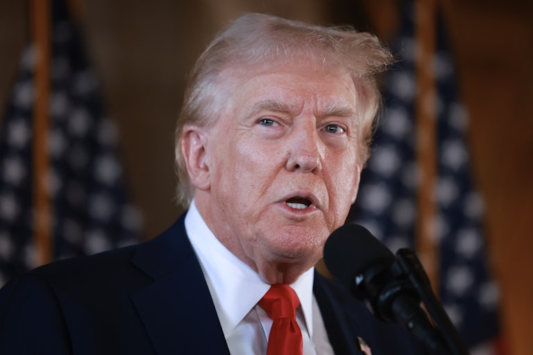 Donald Trump speaks during a press conference at Mar-a-Lago