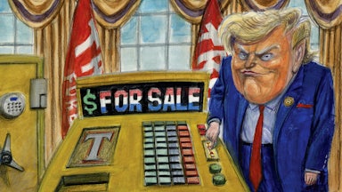 A cartoonish drawing of Donald Trump and his sons in the Oval Office grabbing cash from multiple unseen hands and a cash register that says dollars for sale