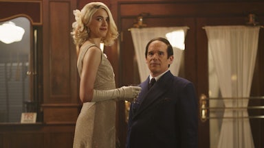 Ethan Hawke as Lorenz Hart and Margaret Qualley as Elizabeth Weiland in Richard Linklater’s “Blue Moon”