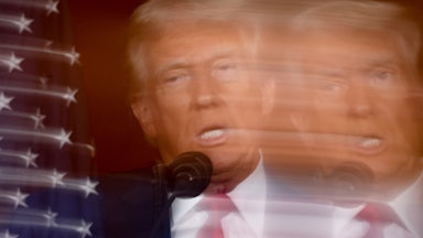 A blurred image of Donald Trump's face as he speaks at II Toro E La Capra on August 23, 2024 in Las Vegas, Nevada.