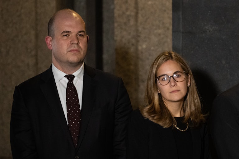 Danielle Sassoon stands outside next to Nicolas Roos, another U.S. attorney for the southern district of New York.