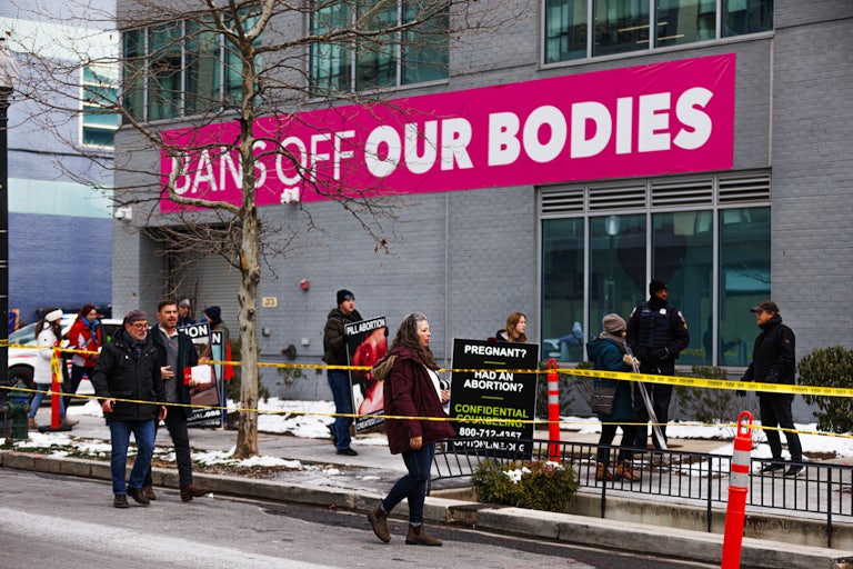 A Planned Parenthood clinic with the sign "Bans off our bodies."