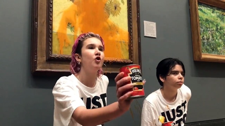 Protester with can of tomato soup and Vincent van Gogh's "Sunflowers"