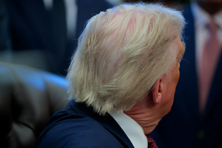 The back of Donald Trump's head as he sits at his desk in the Oval Office