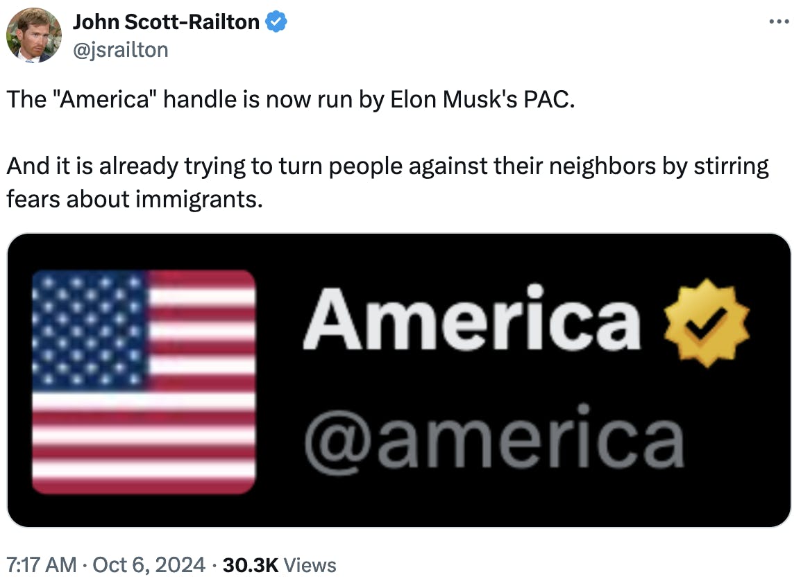 Twitter screenshot John Scott-Railton @jsrailton: The "America" handle is now run by Elon Musk's PAC. And it is already trying to turn people against their neighbors by stirring fears about immigrants.