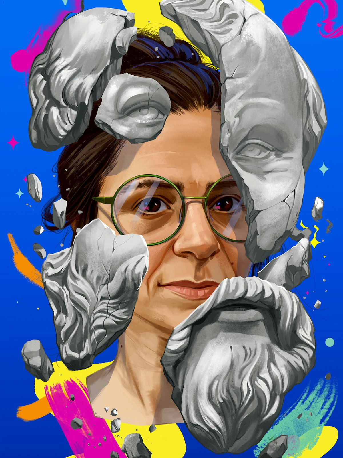 Illustration of author Agnes Callard surrounded by pieces of a bust of Socrates